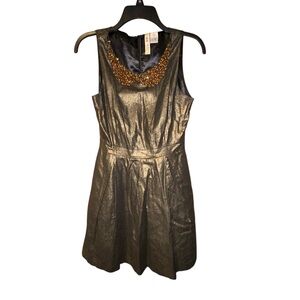Alice Moon Metallic Gold Mini Party Dress Small Linen Blend Beaded Collar Glam